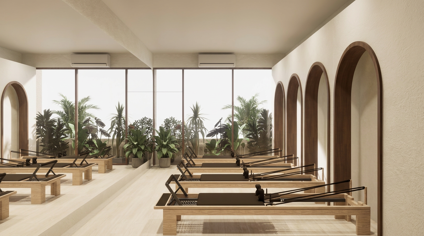 Estúdio ilustrativo de Pilates com aparelhos Reformer, luz natural e detalhes em sálvia